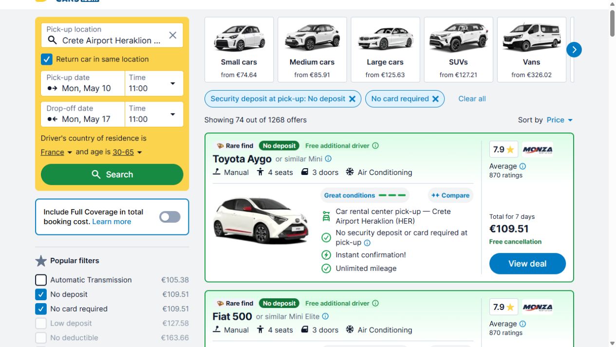 Les résultats DiscoverCars avec les deux filtres sans dépôt et sans carte activés à Héraklion