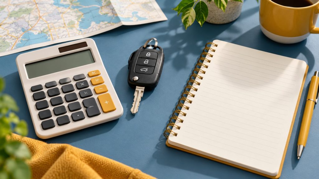 Calculatrice, carnet et clés de voiture pour préparer un budget de location — illustration